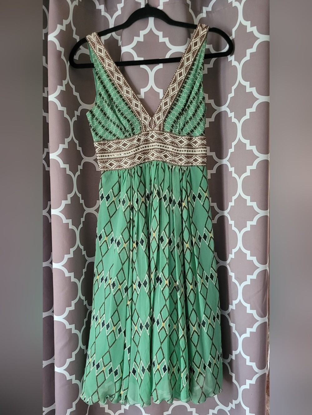 BCBGMaxAzria Green and Brown Ikat Boho Dress with Sequins and Matching Wrap.